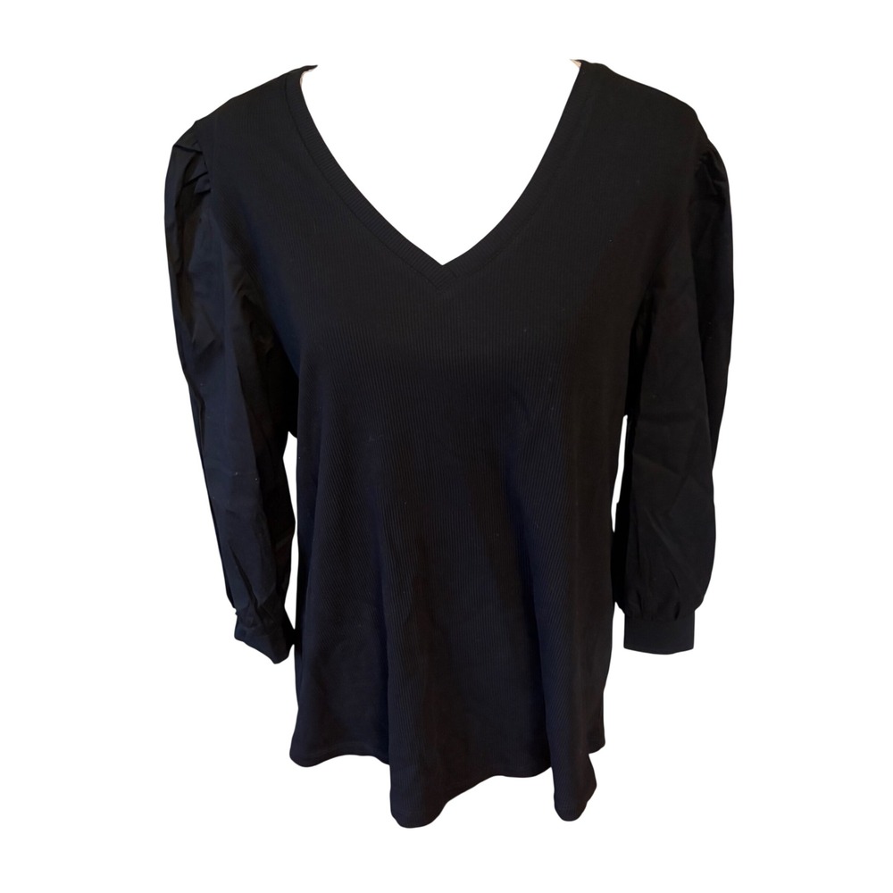 Chicos Rib Mix V-Neck Top 3/4 Puff Sleeve Black Shirt Size 4 XXL Classic Neutral